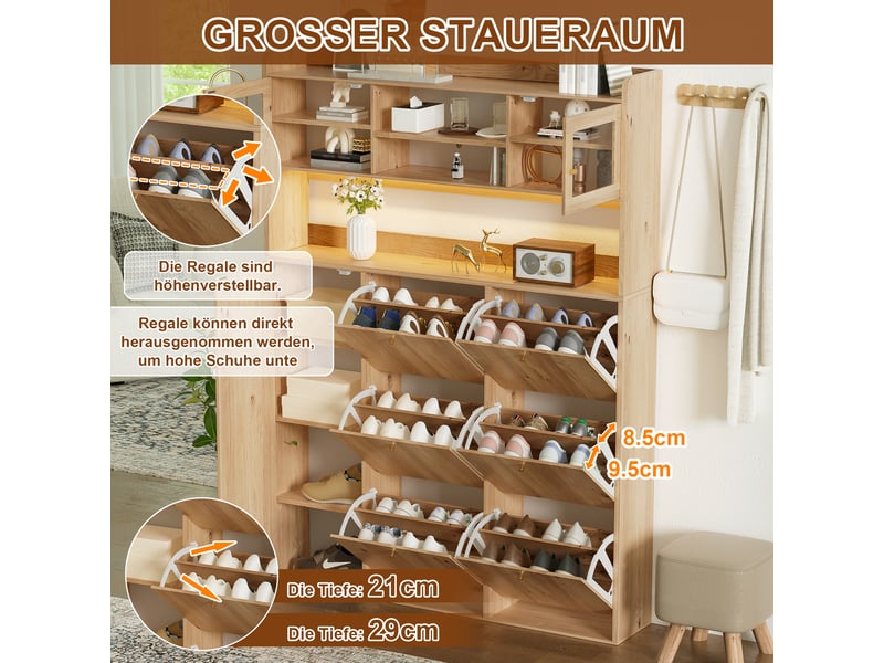  Meuble à chaussures naturel, 130 × 25 × 180 cm, panneau de particules, avec 1 porte, éclairage led, éléments en verre  - Conforama C