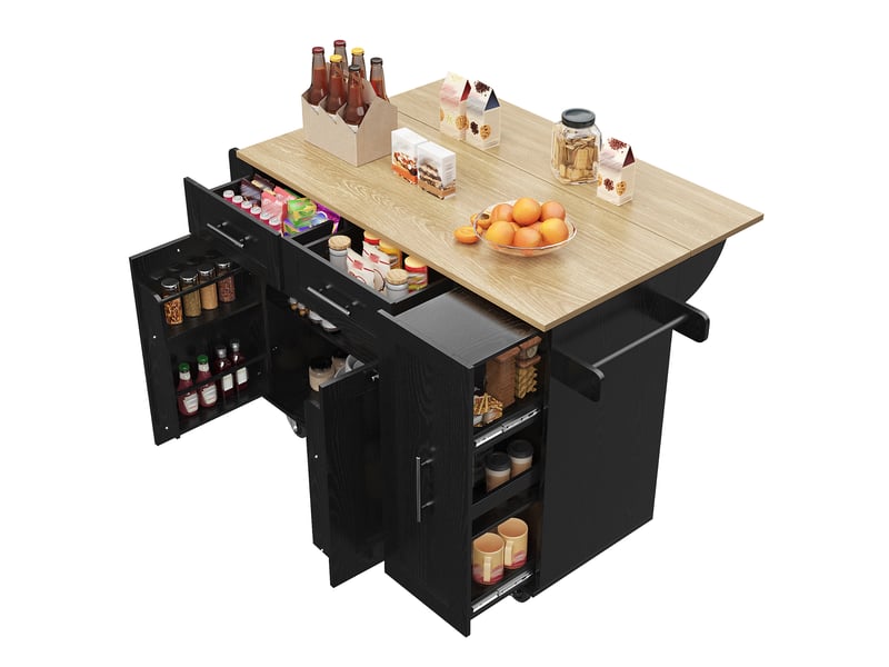 Desserte de cuisine noire 110 x 46 x 90,5 cm avec plateau pliant et roulettes - Conforama A