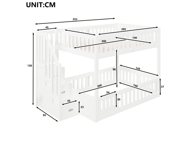 Lit superposé 140 x 200 cm avec escalier et rangement, en pin massif et mdf blanc, hauteur 130 cm - Conforama C
