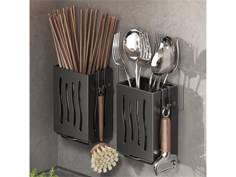  Égouttoir mural de cuisine - porte-couverts - boîte de rangement pour ustensiles de cuisine - avec plateau d'égouttement (noir) - black  - Conforama C