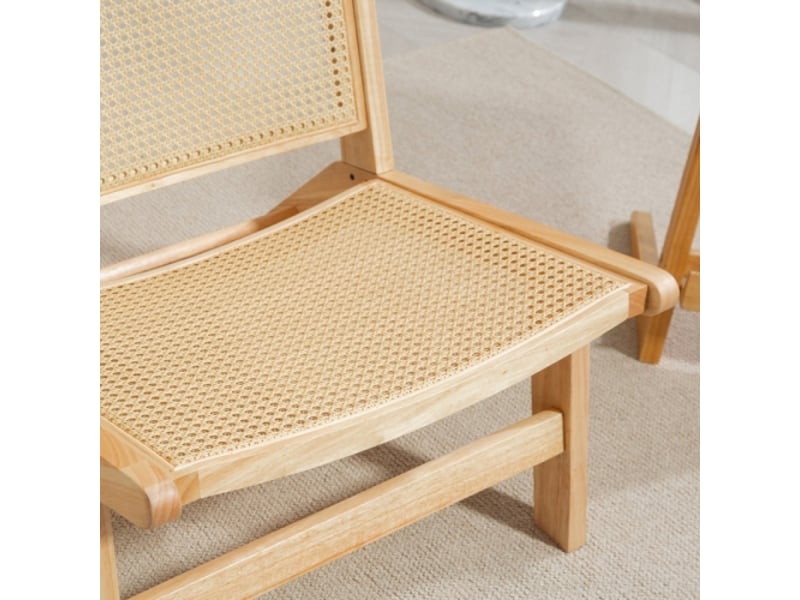  Fauteuil relax sans accoudoirs, dossier en rotin, cadre en bois, fauteuil lecture, bois naturel  - Conforama E