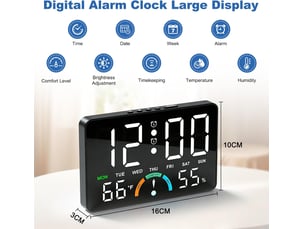 Réveil numérique led-horloge digitale de chevet avec 2 alarmes,contrôle sonore,port de charge usb,température et humidité-réveil luminosité réglable