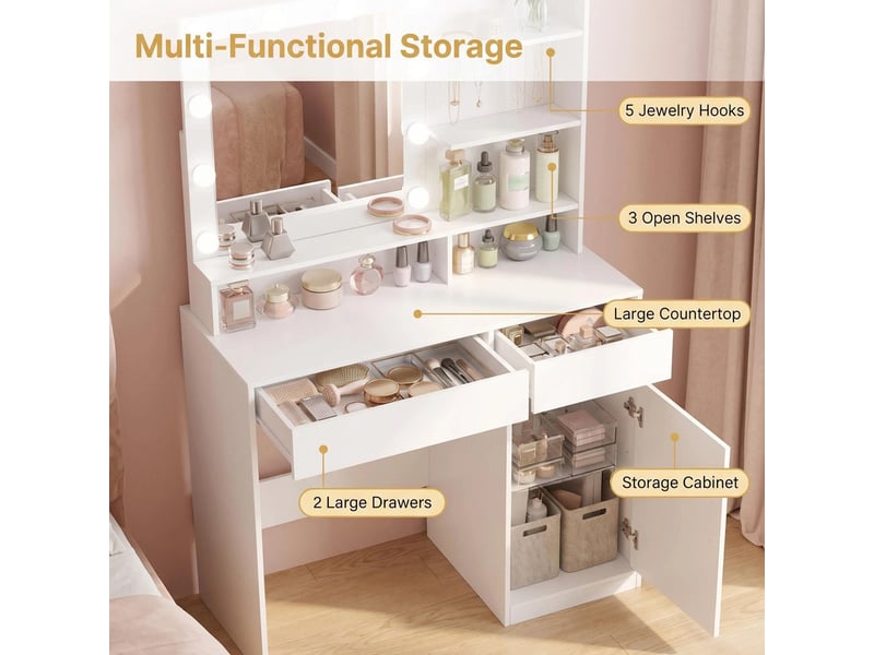 Coiffeuse blanche grande capacité avec éclairage et miroir, table de maquillage multifonctionnelle - Conforama D
