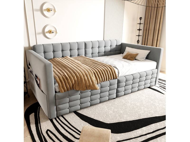  Lit simple 90x190 cm avec tiroirs et poches latérales en velours gris clair  - Conforama D