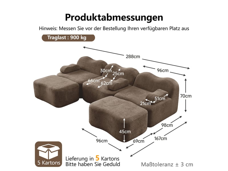  Canapé modulable 3 places en velours marron, design panoramique sans cadre avec 2 ottomans, structure ondulée pour salon moderne  - Conforama C