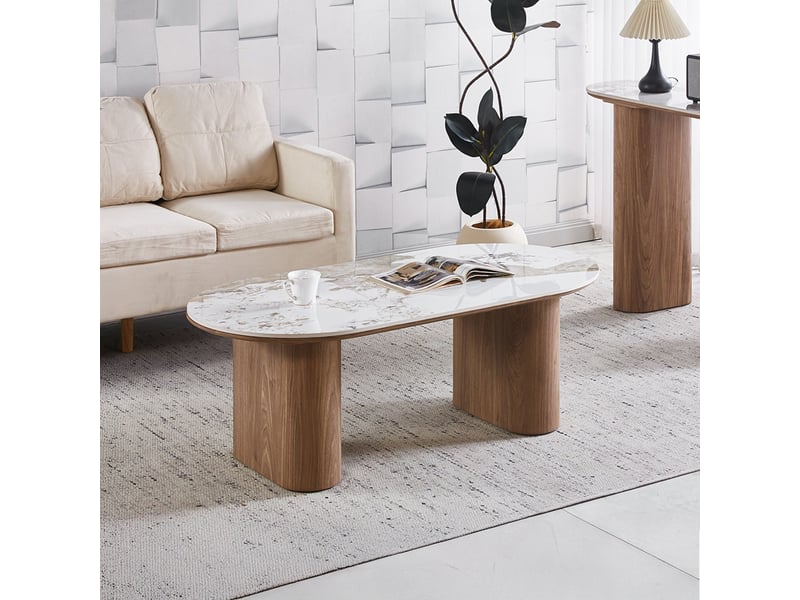  Table basse en pierre frittée blanc pieds couleur bois clair  - Conforama D