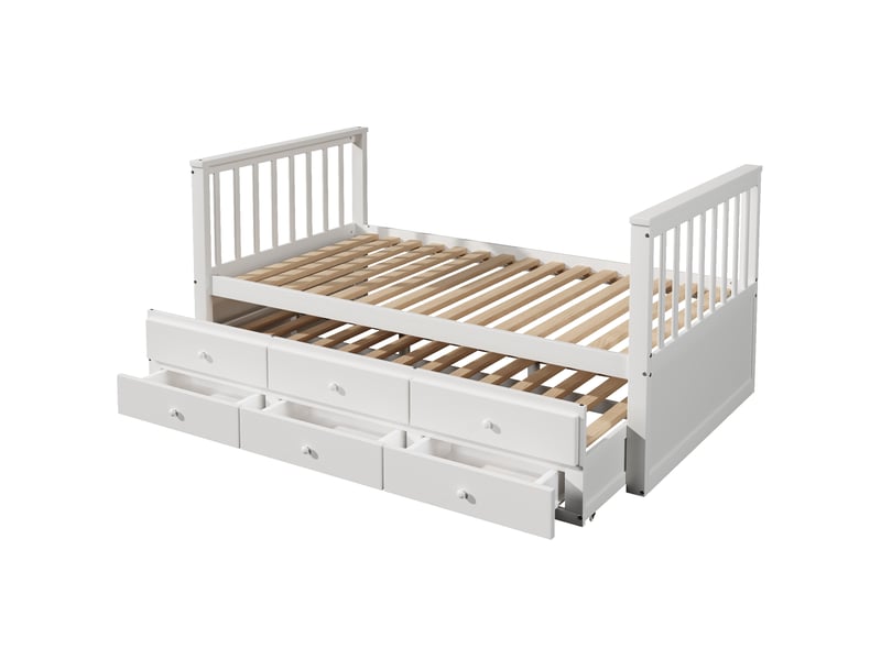  Lit banquette blanc 90x200 cm en bois massif, lit gigogne 90x190, 3 tiroirs  - Conforama D
