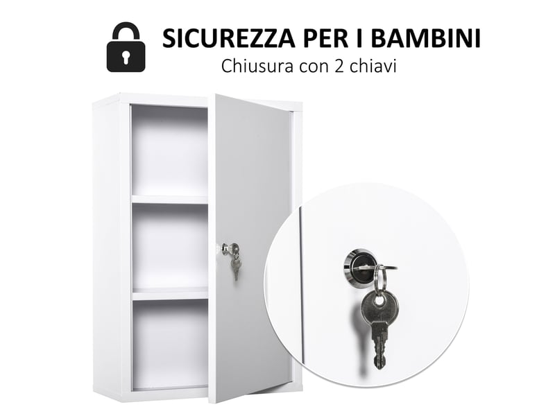  Armoire à pharmacie en acier à 3 niveaux avec 2 clés et fixation murale, 40 x 18 x 60 cm, blanche  - Conforama D
