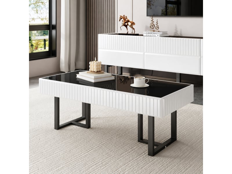  Table basse noire et blanche avec plateau noir brillant, 110 x 50,5 x 41 cm  - Conforama B