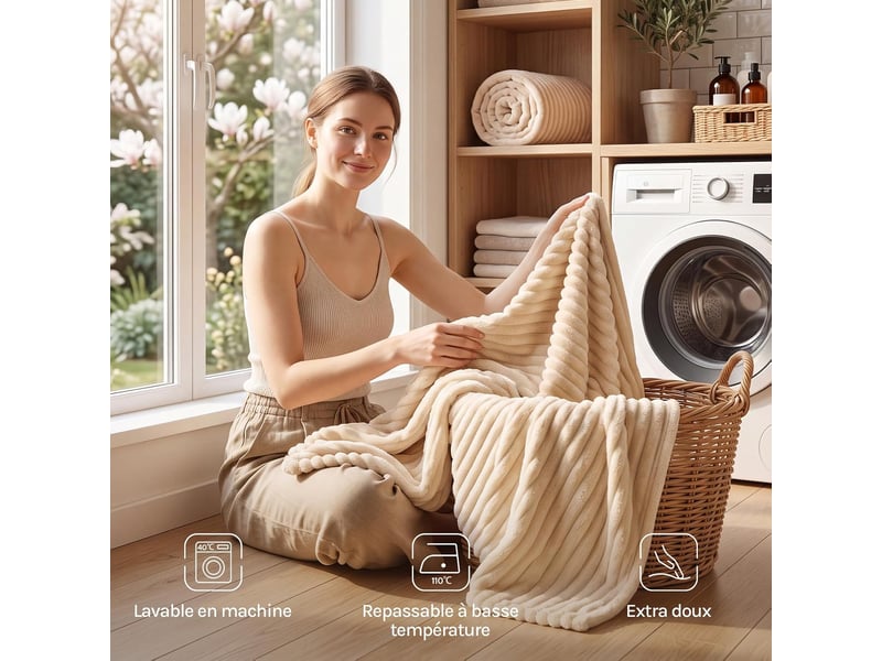  Plaid polaire en flanelle côtelée, 220x240cm, beige, 350 gm², moelleux, léger, couverture pour 4 saisons  - Conforama E