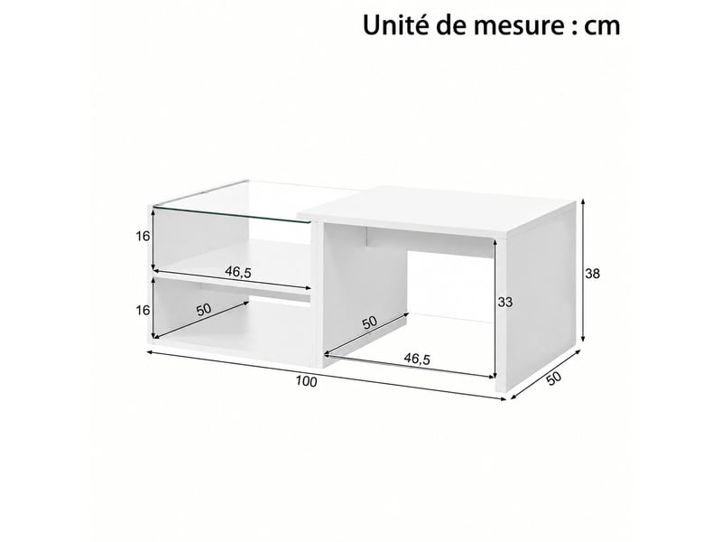  Table basse blanche à niveaux décalés avec plateau en verre et led réglable par application, 100 x 50 x 38 cm  - Conforama C