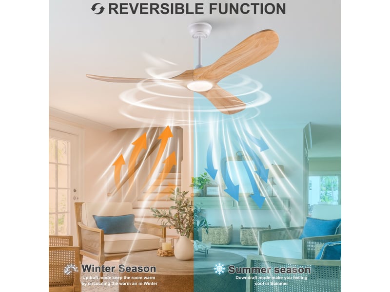  Ventilateur de plafond 132 cm éclairage led 3 couleurs dimmable 3 pales bois massif naturel et blanc réversible 6 vitesses  - Conforama B
