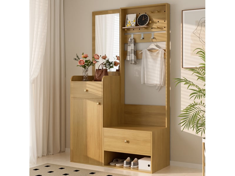  Meuble d’entrée avec miroir 105x38x180 cm, vestiaire, 2 tiroirs, rangement chaussures, meuble chambre, aggloméré, bois  - Conforama E
