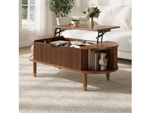 Table basse relevable ovale avec rangement, 2 portes coulissantes, pieds en bois, pour salon, noyer, 110 × 48 × 57 cm