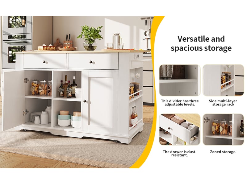  Îlot de cuisine noir et naturel 151,5 × 59,784,7 × 91,7 cm en mdf et métal, prise intégrée, 2 tiroirs et rangements  - Conforama D