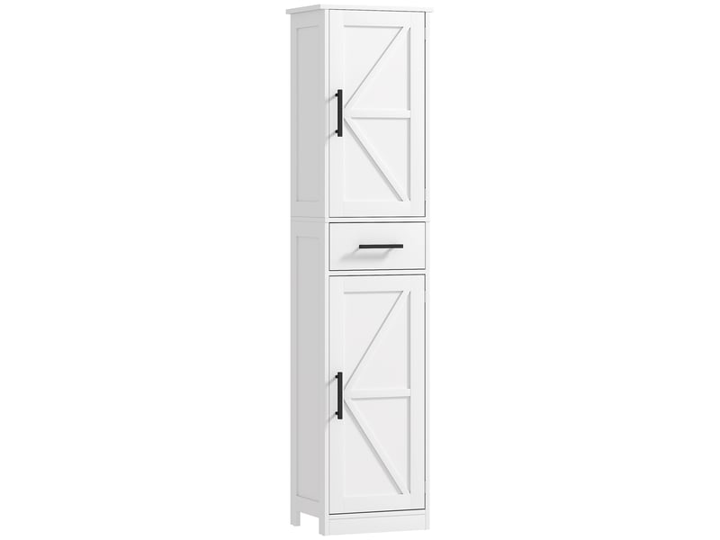  Meuble de salle de bain haut et étroit, style rustique, 40 x 30 x 170 cm, blanc, avec 2 portes, 1 tiroir et 2 étagères réglables  - Conforama B