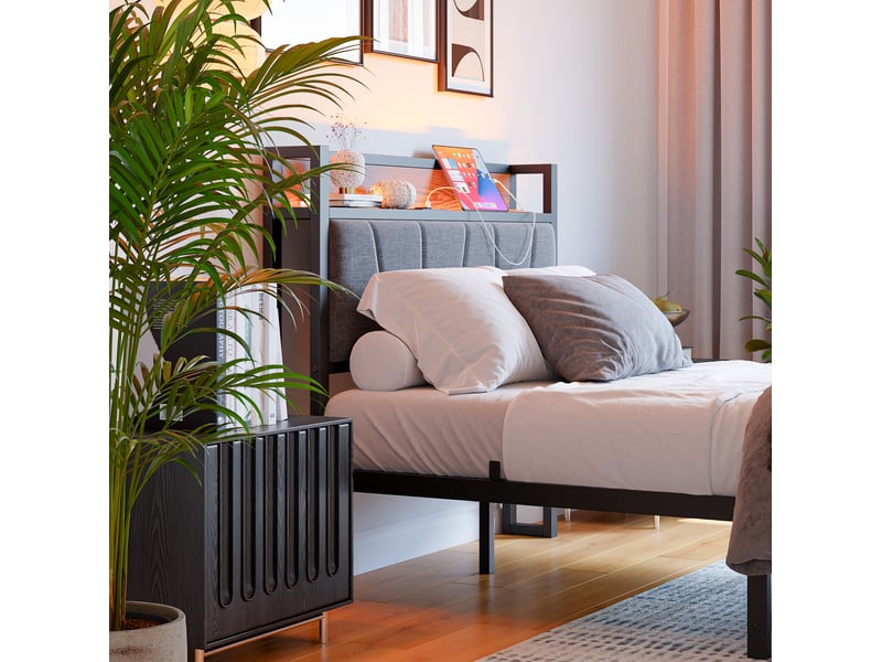  Lit jeune 120x200 cm tête haute, prise secteur, ports usb, éclairage avec éclairage led, rangement tête de lit, mdf métal, noir sans matelas  - Conforama E