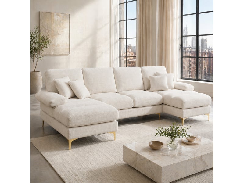 Canapé panoramique en u avec deux méridiennes, coussins et pieds métalliques dorés en chenille beige, 272 × 136 × 88 cm - Conforama B