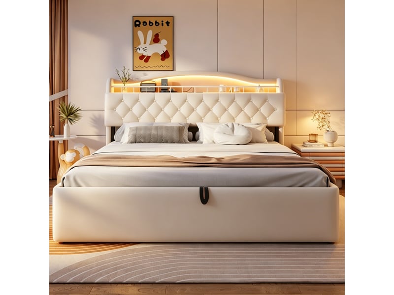 Lit coffre 180x200 cm, lit double, rangement hydraulique, led, velours beige, usb et usb-c - Conforama D
