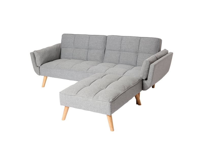 Canapé convertible avec ottomane modulable dossier réglable et fonction couchage tissu gris clair bois d’eucalyptus et hévéa 04_0010443 - Conforama A