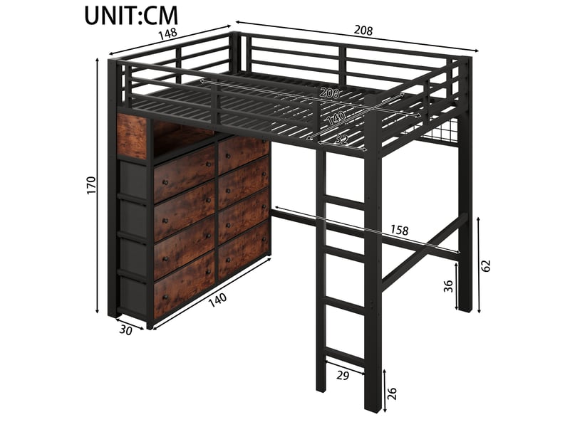  Lit mezzanine enfant 140x200 cm, 8 tiroirs et 2 étagères, panneau perforé, led 7 couleurs, espace inférieur ouvert, garde-corps intégral, métal noir Radiant Stride - Conforama C