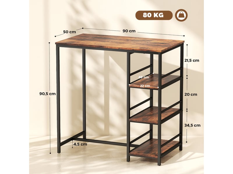  Table de bar, mange debout acier, mdf brun rustique 90x50x90.5cm  - Conforama E