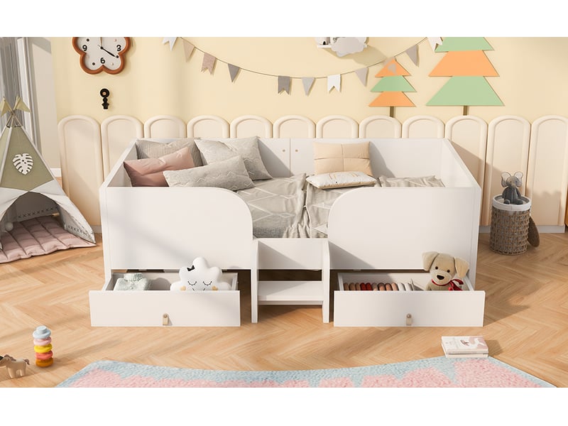 Lit enfant simple 90×200 cm, 2 tiroirs, barrière et marche  - sans matelas, mdf blanc  - Conforama E