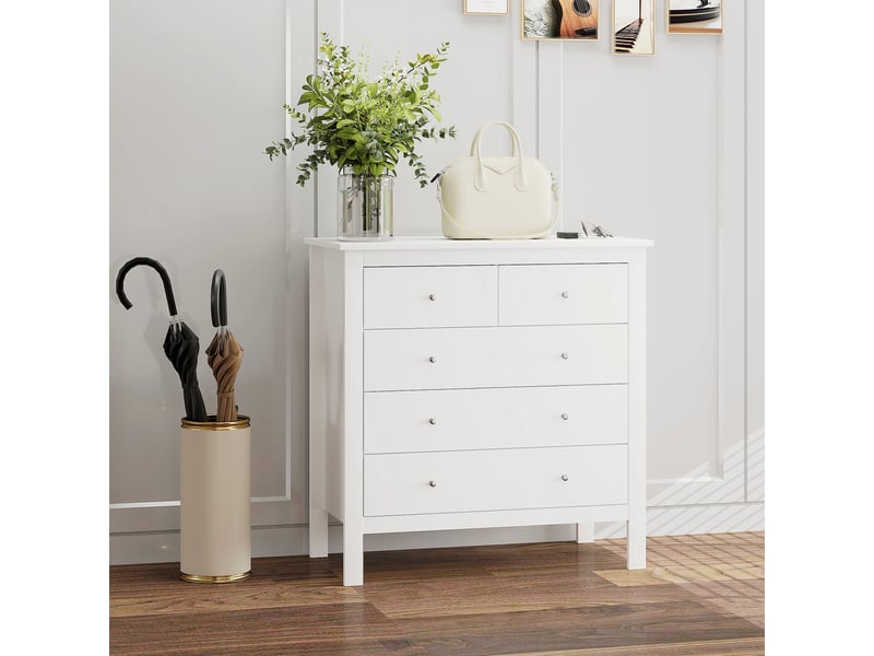  Commode à 5 tiroirs, meuble de rangement, avec poignées, glissières métalliques,  en bois, blanc, 79l x 39,5p x 80,5h cm  - Conforama W
