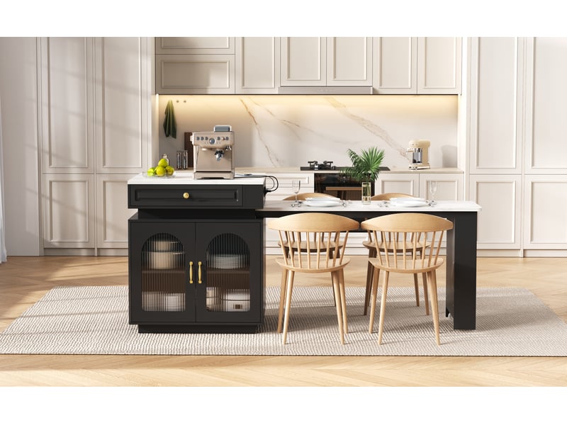  Table extensible avec 1 tiroir, niches ouvertes, led et prises usb pour cuisine et salle à manger, 128 × 71 × 92 cm  - Conforama B