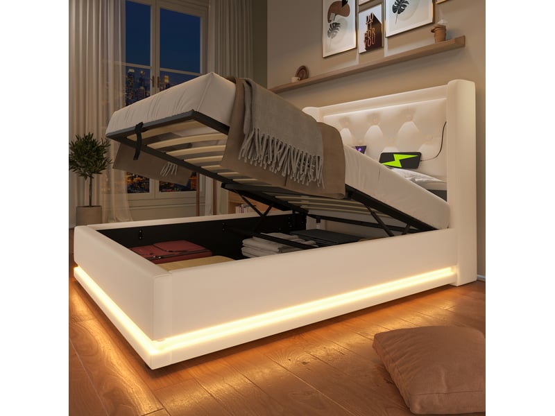  Modenvie lit coffre 90x200 cm - rangement hydraulique, ports usb et usb-c, sans matelas - blanc  - Conforama B