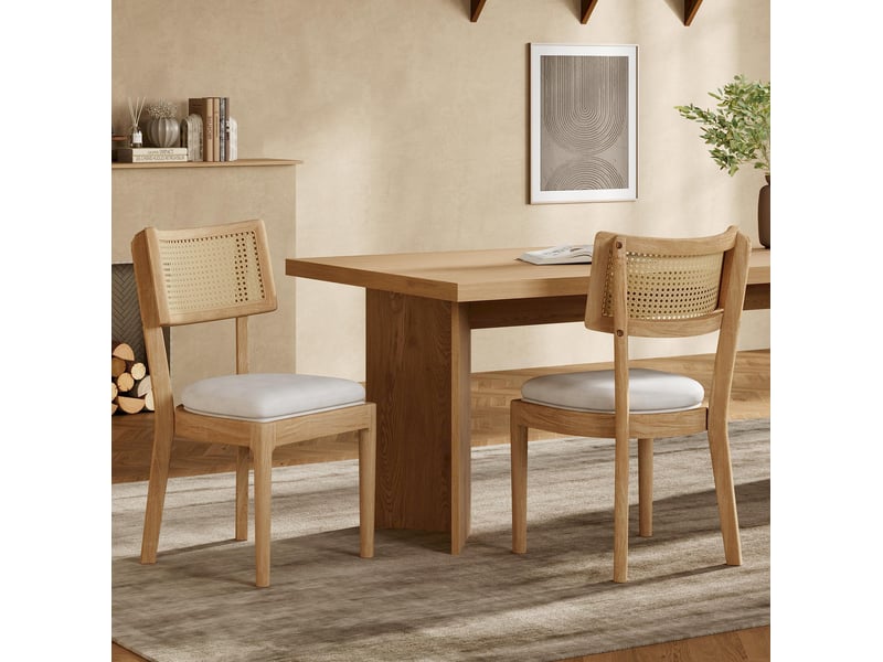  Lot de 4 chaises de salle à manger en bois avec dossier en rotin et assise en lin, couleur bois  - Conforama C
