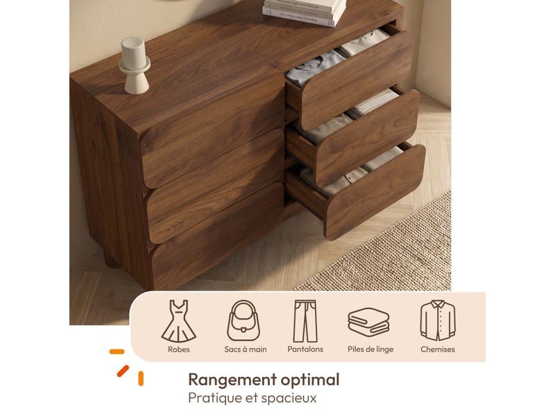  Commode 6 tiroirs arrondis saranda 110 cm bois effet noyer  - Conforama C