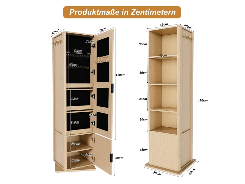  Armoire à bijoux pivotante à 360 degrés avec miroir sur pied, étagères, 6 crochets, décor bois naturel  - Conforama C