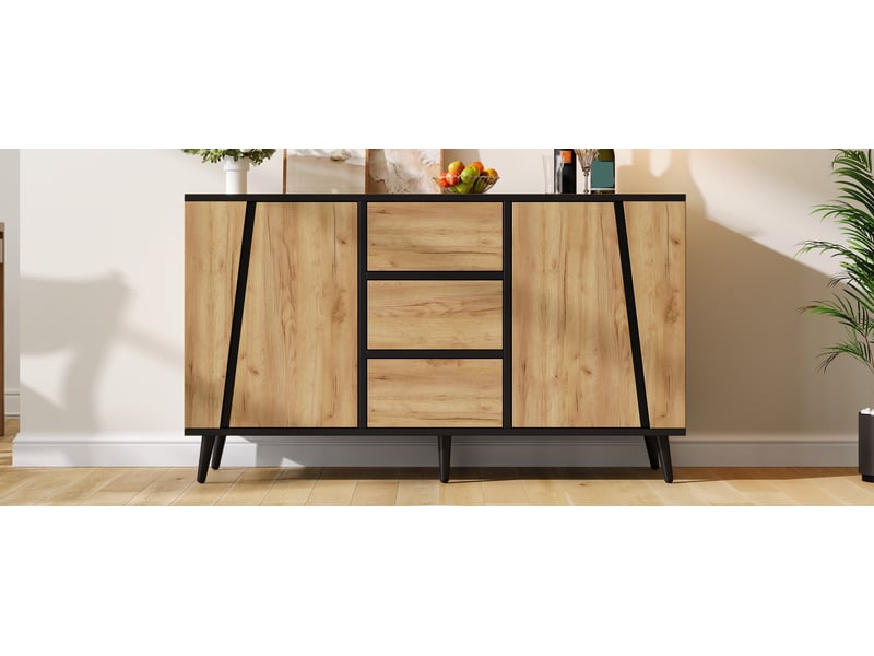  Buffet scandinave 120cm, meuble de rangement bois et noir, 2 portes 3 tiroirs  - Conforama R