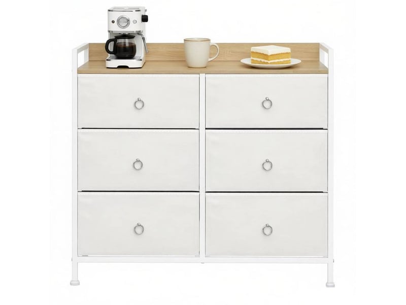  Commode de rangement avec 6 tiroirs et plateau ouvert, anti-basculement, pour entrée et salon en bois, métal et tissu blanc  - Conforama A