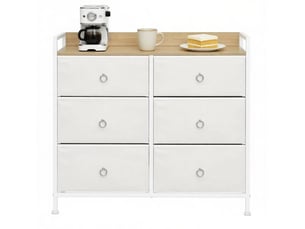 Commode de rangement avec 6 tiroirs et plateau ouvert, anti-basculement, pour entrée et salon en bois, métal et tissu blanc