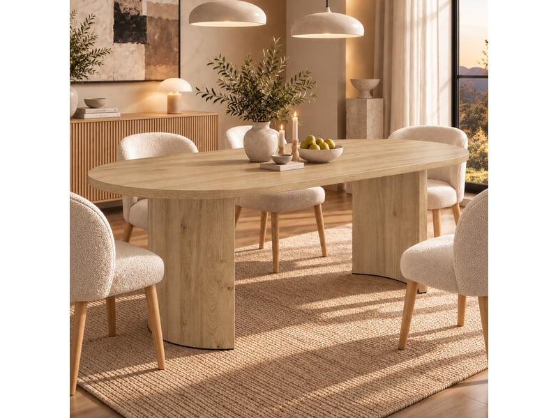  Table à manger 200x90x75cm pour 6 à 8 personnes, plateau épais aux angles arrondis, pieds incurvés, style épuré, effet noyer evarich - Conforama E