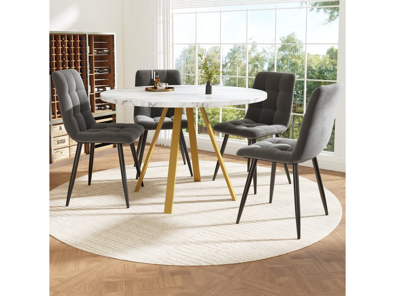  Ensemble table ronde avec 4 chaises, plateau effet marbre blanc 80 × 80 × 75 cm, sièges rembourrés en velours gris  - Conforama C