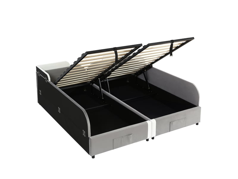 Lit simple enfant 90x200 cm x2 – gris et blanc – coffre hydraulique, barrière souple, sans matelas - Conforama D