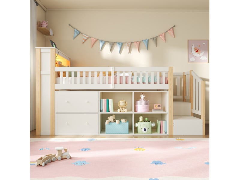  Lit surélevé 90x200 cm avec bureau, rangements, échelle et led blanc et bois  - Conforama E