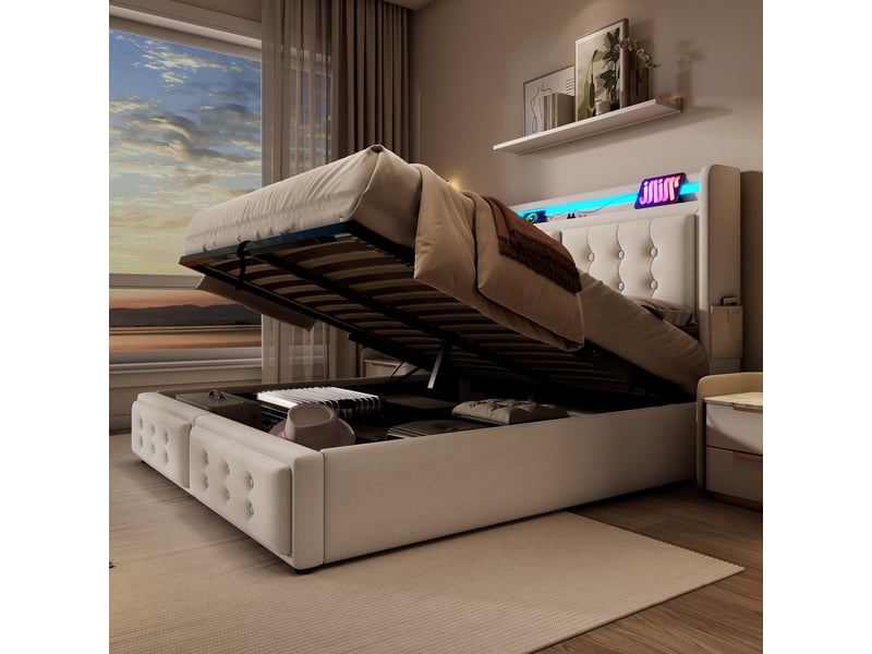  Lit polsteré en coton lin côtelé beige 160x200 cm  - Conforama B