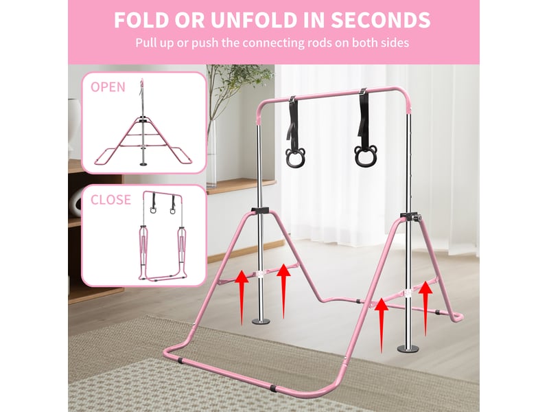  Barre de gymnastique enfant réglable 99,06 x 144,78 x 129,54 cm – rose – pliable, anneaux inclus  - Conforama E