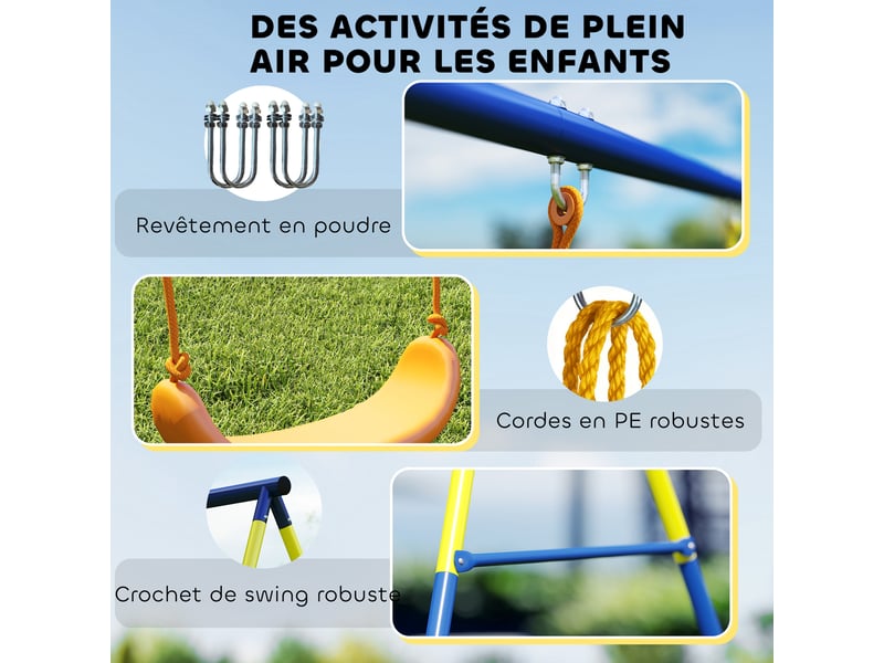  Portique balancoire exterieur enfants 3-en-1, siège de balancelle, 2 anneaux gymnastique et balançoire à disque  - Conforama R