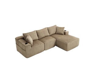 Canapé modulable en velours côtelé kaki 257x160x62 cm, chaise longue, 2 places, 5 coussins, poches et porte-gobelets