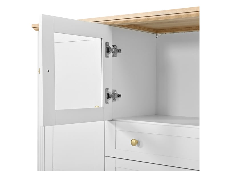  Buffet 160x40x80.5cm avec 4 portes vitrées, 2 tiroirs, poignées en fer et éclairage led pilotable par application, mdf, blanc evarich - Conforama D