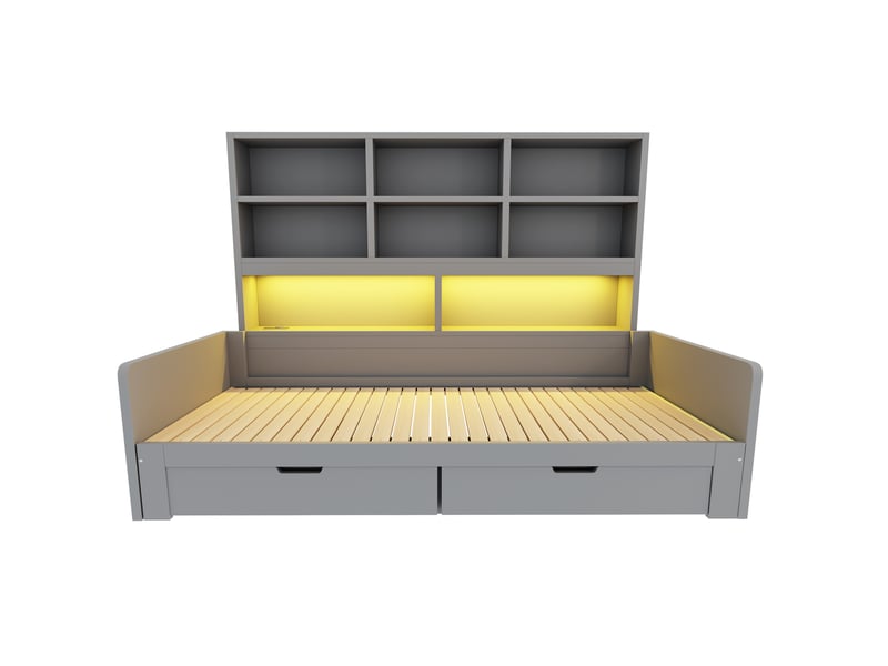 Lit jeune, lit gigogne 90180 x 200 cm avec rangements, led et prises en mdf couleur gris - Conforama E