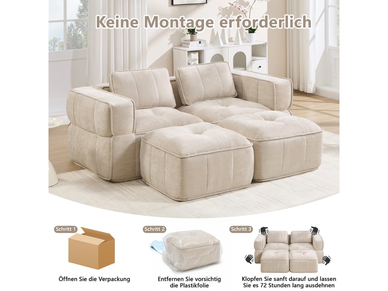  Canapé modulaire 2 places avec deux poufs et assise profonde - lpospi - mousse 32d, polyester beige 198 × 162 × 67 cm  - Conforama E
