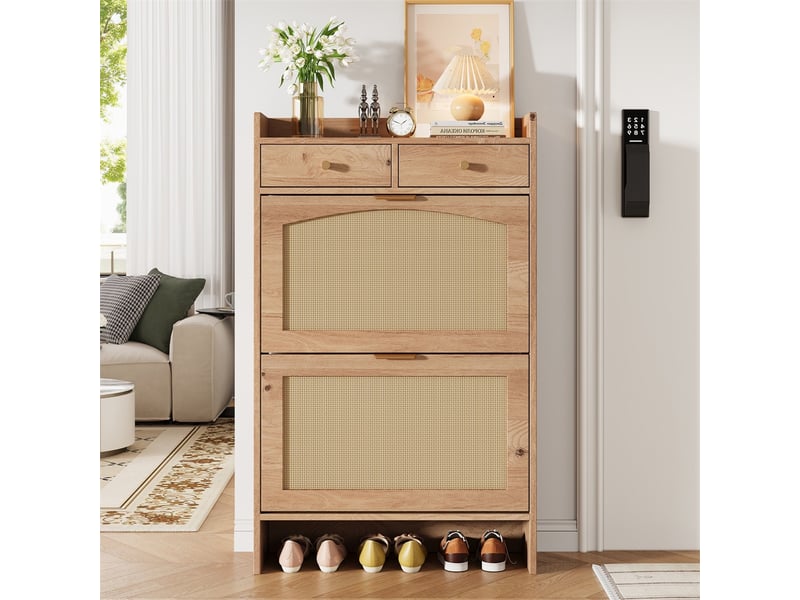 Meuble à chaussures en rotin 65 x 25 x 106 cm – 2 abattants modulables et 2 tiroirs – mdf - naturel  - Conforama D