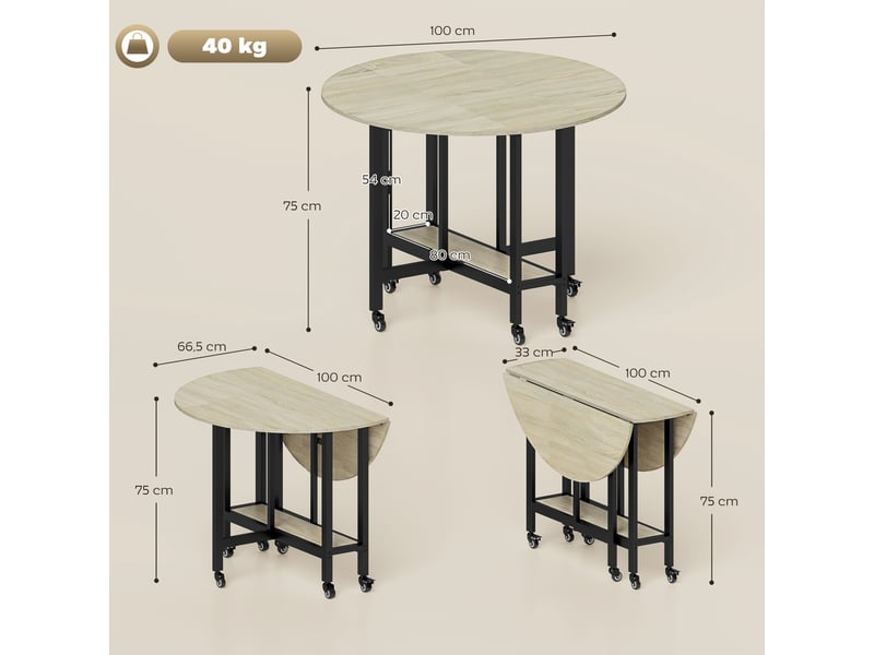 Table pliante, table avec étagère ouverte, table de cuisine roulante pour salle à manger, petits espaces, naturelle - Conforama E