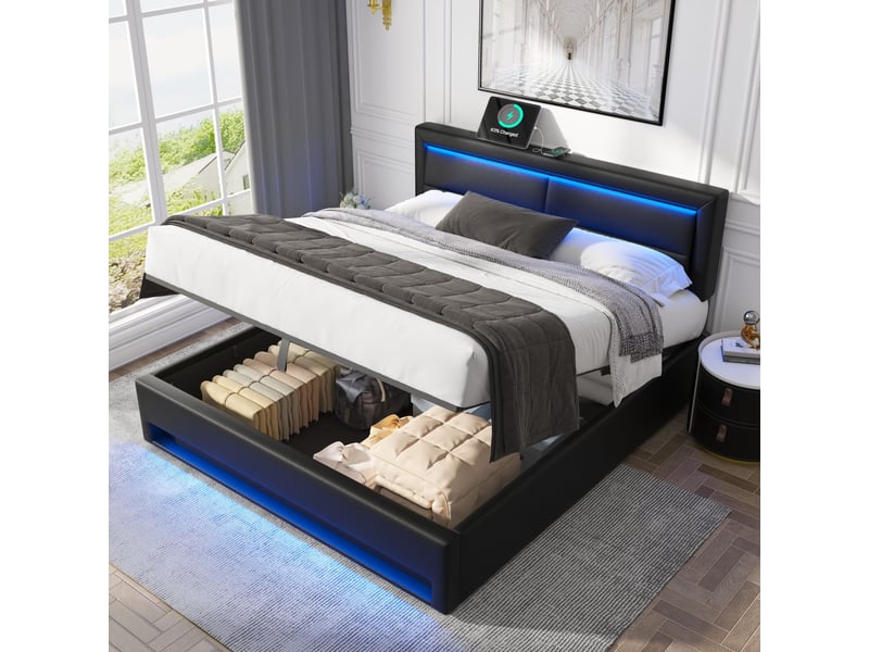 Lit capitonné 140x200 simili cuir noir avec coffre de rangement - led et chargeur sans fil - Conforama B